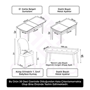 Jul Serisi 80x132 Açılabilir Siyah Mermer Desen Mutfak Masası Takımı Ve 4 Kazayağı Desen Sandalye Ve 1 Bench