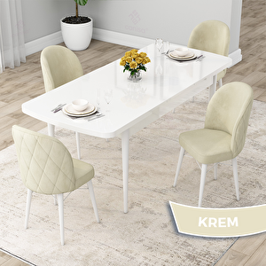 Rut Serisi 80x132 Açılabilir Beyaz Mutfak Masası Takımı Ve 4 Krem Sandalye Krem