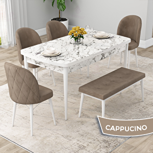 Rut Serisi 80x132 Açılabilir Beyaz Mermer Desen Mutfak Masası Takımı Ve 4 Cappucino Sandalye Ve 1 Bench Cappucino
