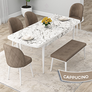 Rut Serisi 80x132 Açılabilir Beyaz Mermer Desen Mutfak Masası Takımı Ve 4 Cappucino Sandalye Ve 1 Bench Cappucino