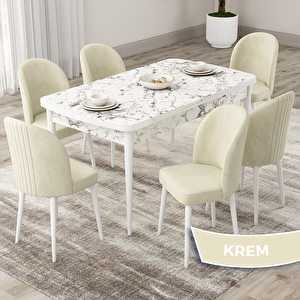 Roe Serisi 80x132 Açılabilir Beyaz Mermer Desen Mutfak Masası Takımı Ve 6 Krem Sandalye Krem