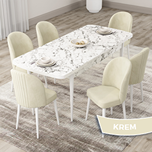 Roe Serisi 80x132 Açılabilir Beyaz Mermer Desen Mutfak Masası Takımı Ve 6 Krem Sandalye Krem