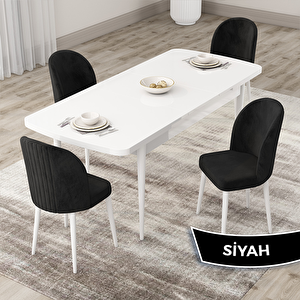 Roe Serisi 80x132 Açılabilir Beyaz Mutfak Masası Takımı Ve 4 Siyah Sandalye Siyah