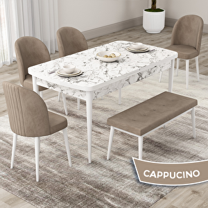 Roe Serisi 80x132 Açılabilir Beyaz Mermer Desen Mutfak Masası Takımı Ve 4 Cappucino Sandalye Ve 1 Bench Cappucino
