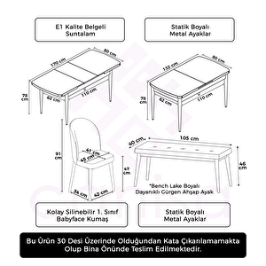 Roe Serisi 80x132 Açılabilir Beyaz Mermer Desen Mutfak Masası Takımı Ve 4 Cappucino Sandalye Ve 1 Bench