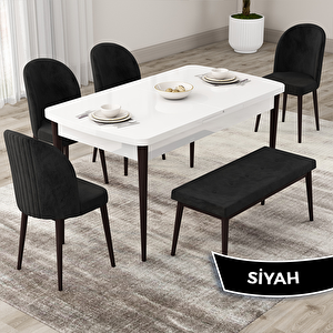 Roe Serisi 80x132 Açılabilir Beyaz Masa Ceviz Ayak Mutfak Masası Takımı Ve 4 Siyah Sandalye Ve 1 Bench Siyah