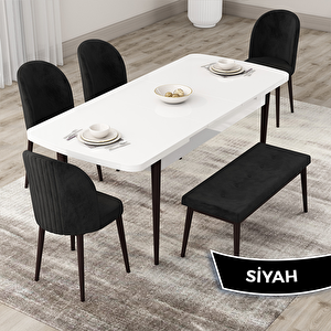 Roe Serisi 80x132 Açılabilir Beyaz Masa Ceviz Ayak Mutfak Masası Takımı Ve 4 Siyah Sandalye Ve 1 Bench Siyah
