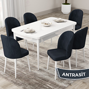 Roe Serisi 80x132 Açılabilir Beyaz Mutfak Masası Takımı Ve 6 Antrasit Sandalye Antrasit