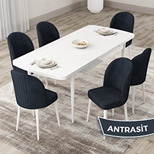 Roe Serisi 80x132 Açılabilir Beyaz Mutfak Masası Takımı Ve 6 Antrasit Sandalye Antrasit