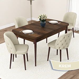 Jae Serisi 80x132 Açılabilir Barok Ahşap Desen Mutfak Masası Takımı Ve 4 Krem Sandalye Krem