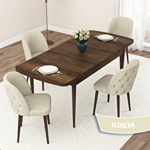 Jae Serisi 80x132 Açılabilir Barok Ahşap Desen Mutfak Masası Takımı Ve 4 Krem Sandalye Krem