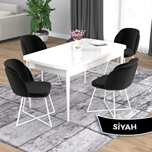 Oga Serisi 80x132 Açılabilir Beyaz Mutfak Masası Takımı Ve 4 Siyah Sandalye Siyah