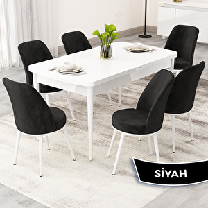 Rax Serisi 80x132 Açılabilir Beyaz Mutfak Masası Takımı Ve 6 Siyah Sandalye Siyah