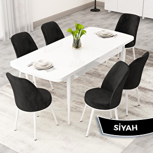 Rax Serisi 80x132 Açılabilir Beyaz Mutfak Masası Takımı Ve 6 Siyah Sandalye Siyah