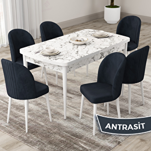 Roe Serisi 80x132 Açılabilir Beyaz Mermer Desen Mutfak Masası Takımı Ve 6 Antrasit Sandalye Antrasit