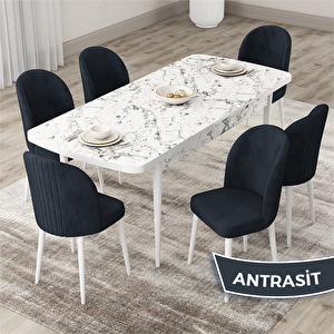 Roe Serisi 80x132 Açılabilir Beyaz Mermer Desen Mutfak Masası Takımı Ve 6 Antrasit Sandalye Antrasit