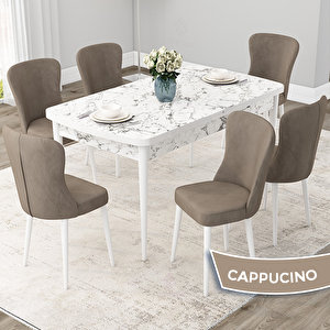 Due Serisi 80x132 Açılabilir Beyaz Mermer Desen Mutfak Masası Takımı Ve 6 Cappucino Sandalye Cappucino