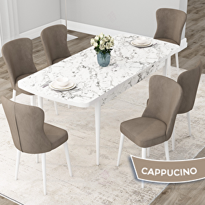 Due Serisi 80x132 Açılabilir Beyaz Mermer Desen Mutfak Masası Takımı Ve 6 Cappucino Sandalye Cappucino