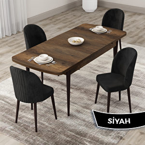 Roe Serisi 80x132 Açılabilir Barok Ahşap Desen Mutfak Masası Takımı Ve 4 Siyah Sandalye Siyah