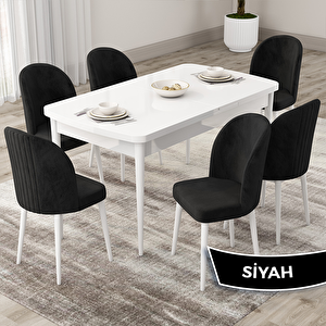 Roe Serisi 80x132 Açılabilir Beyaz Mutfak Masası Takımı Ve 6 Siyah Sandalye Siyah