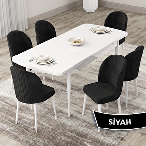 Roe Serisi 80x132 Açılabilir Beyaz Mutfak Masası Takımı Ve 6 Siyah Sandalye Siyah