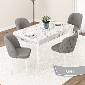 Jae Serisi 80x132 Açılabilir Beyaz Mermer Desen Mutfak Masası Takımı Ve 4 Gri Sandalye Gri