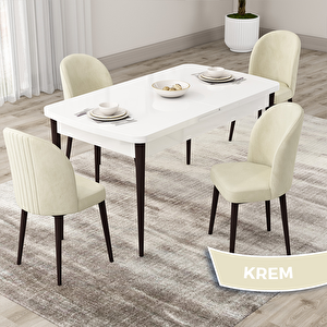 Roe Serisi 80x132 Açılabilir Beyaz Masa Ceviz Ayak Mutfak Masası Takımı Ve 4 Krem Sandalye Krem
