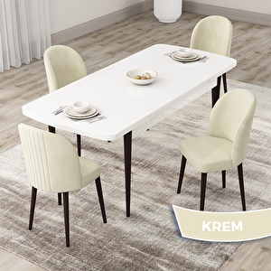 Roe Serisi 80x132 Açılabilir Beyaz Masa Ceviz Ayak Mutfak Masası Takımı Ve 4 Krem Sandalye Krem