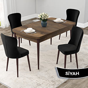 Due Serisi 80x132 Açılabilir Barok Ahşap Desen Mutfak Masası Takımı Ve 4 Siyah Sandalye Siyah