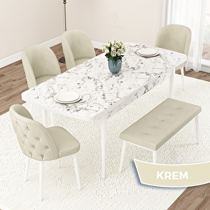 Jae Serisi 80x132 Açılabilir Beyaz Mermer Desen Mutfak Masası Takımı Ve 4 Krem Sandalye Ve 1 Bench Krem