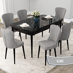 Due Serisi 80x132 Açılabilir Siyah Mermer Desen Mutfak Masası Takımı Ve 6 Gri Sandalye Gri