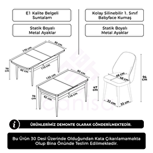 Orf Serisi 80x132 Açılabilir Siyah Mermer Desen Mutfak Masası Takımı Ve 6 Krem Sandalye