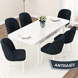 Jae Serisi 80x132 Açılabilir Beyaz Mutfak Masası Takımı Ve 6 Antrasit Sandalye Antrasit