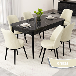 Rax Serisi 80x132 Açılabilir Siyah Mermer Desen Mutfak Masası Takımı Ve 6 Krem Sandalye Krem