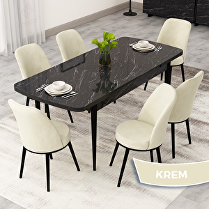 Rax Serisi 80x132 Açılabilir Siyah Mermer Desen Mutfak Masası Takımı Ve 6 Krem Sandalye Krem