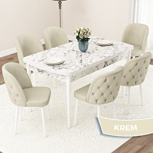 Jae Serisi 80x132 Açılabilir Beyaz Mermer Desen Mutfak Masası Takımı Ve 6 Krem Sandalye Krem