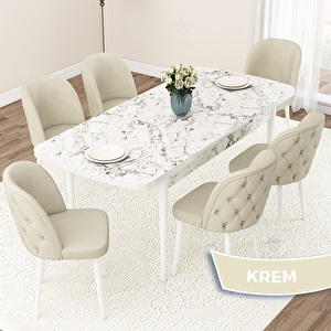 Jae Serisi 80x132 Açılabilir Beyaz Mermer Desen Mutfak Masası Takımı Ve 6 Krem Sandalye Krem