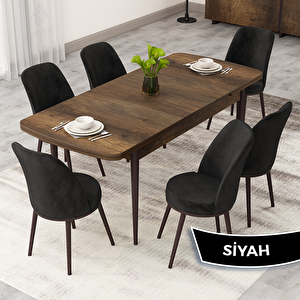 Rax Serisi 80x132 Açılabilir Barok Ahşap Desen Mutfak Masası Takımı Ve 6 Siyah Sandalye Siyah