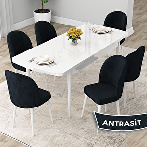 Rut Serisi 80x132 Açılabilir Beyaz Mutfak Masası Takımı Ve 6 Antrasit Sandalye Antrasit