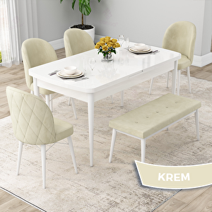 Rut Serisi 80x132 Açılabilir Beyaz Mutfak Masası Takımı Ve 4 Krem Sandalye Ve 1 Bench Krem