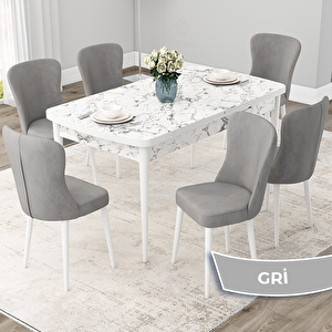 Due Serisi 80x132 Açılabilir Beyaz Mermer Desen Mutfak Masası Takımı Ve 6 Gri Sandalye Gri