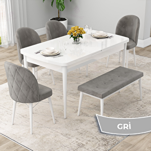 Rut Serisi 80x132 Açılabilir Beyaz Mutfak Masası Takımı Ve 4 Gri Sandalye Ve 1 Bench Gri