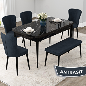 Due Serisi 80x132 Açılabilir Siyah Mermer Desen Mutfak Masası Takımı Ve 4 Antrasit Sandalye Ve 1 Bench Antrasit