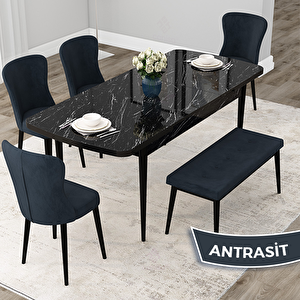 Due Serisi 80x132 Açılabilir Siyah Mermer Desen Mutfak Masası Takımı Ve 4 Antrasit Sandalye Ve 1 Bench Antrasit
