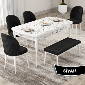 Roe Serisi 80x132 Açılabilir Beyaz Mermer Desen Mutfak Masası Takımı Ve 4 Siyah Sandalye Ve 1 Bench Siyah
