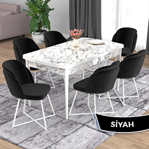 Oga Serisi 80x132 Açılabilir Beyaz Mermer Desen Mutfak Masası Takımı Ve 6 Siyah Sandalye