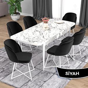 Oga Serisi 80x132 Açılabilir Beyaz Mermer Desen Mutfak Masası Takımı Ve 6 Siyah Sandalye Siyah