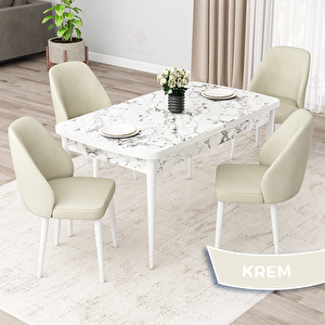 Orf Serisi 80x132 Açılabilir Beyaz Mermer Desen Mutfak Masası Takımı Ve 4 Krem Sandalye Krem