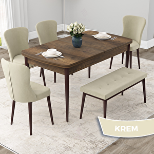 Due Serisi 80x132 Açılabilir Barok Ahşap Desen Mutfak Masası Takımı Ve 4 Krem Sandalye Ve 1 Bench Krem