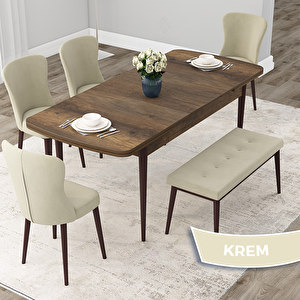 Due Serisi 80x132 Açılabilir Barok Ahşap Desen Mutfak Masası Takımı Ve 4 Krem Sandalye Ve 1 Bench Krem